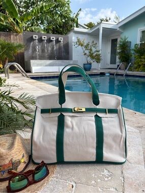 Boatkin Canvas Boat Tote – Green Trim Includes Free Lock & Makeup Pouch